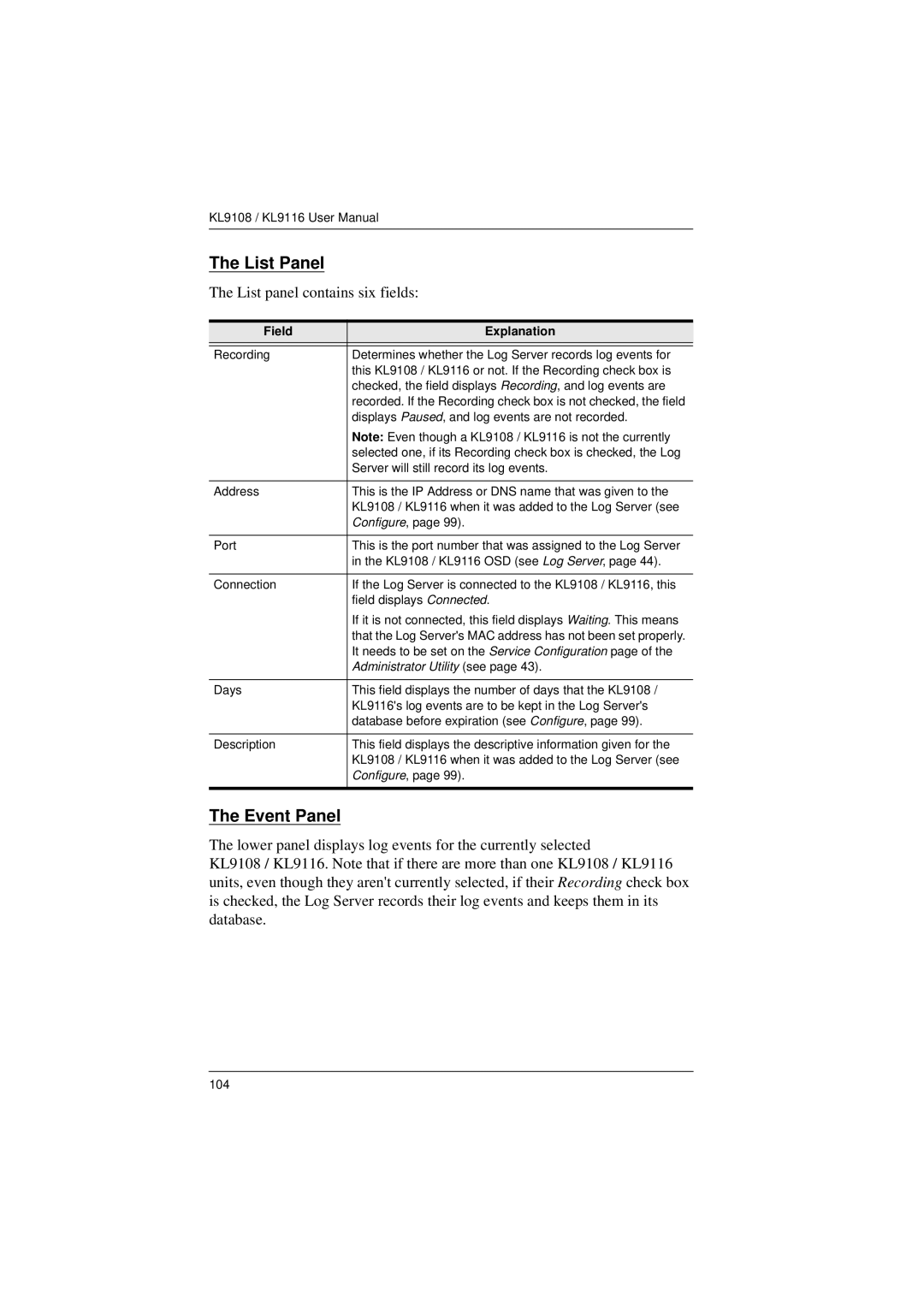 ATEN Technology KL9108, KL9116 user manual List Panel, Event Panel 