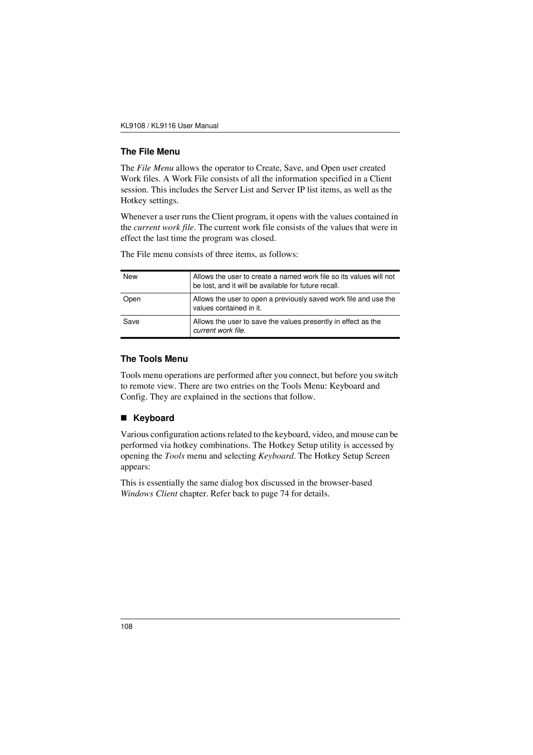 ATEN Technology KL9108, KL9116 user manual File Menu, Tools Menu, „ Keyboard 