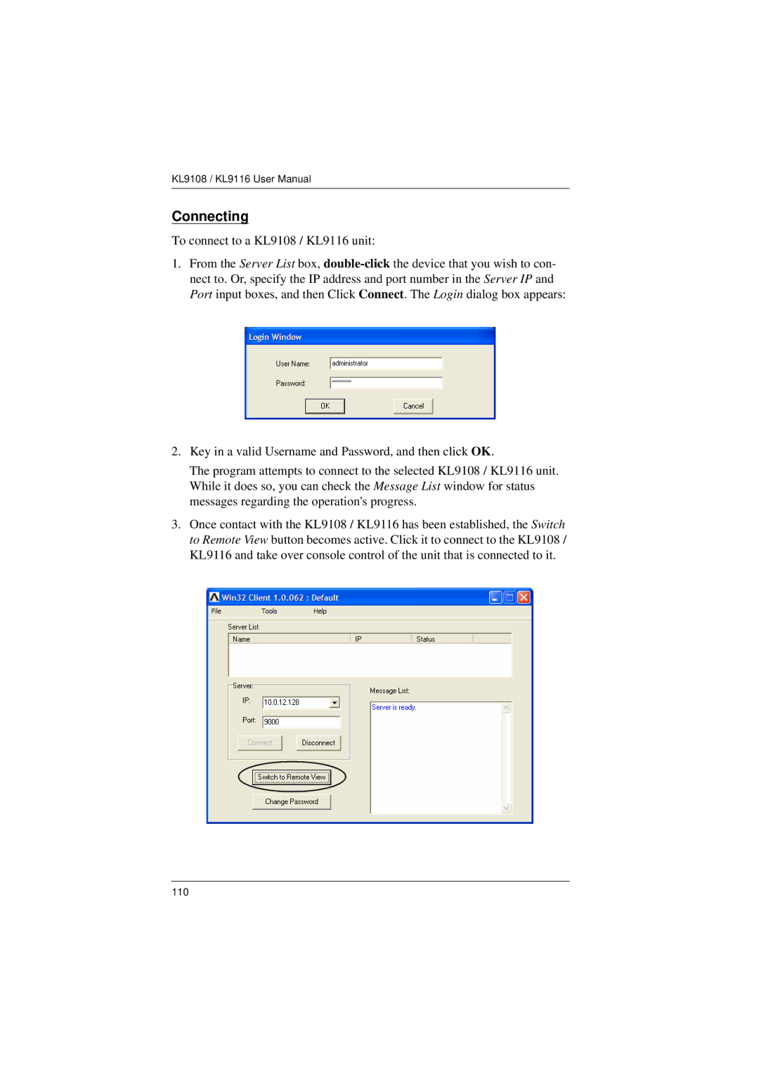 ATEN Technology KL9108, KL9116 user manual Connecting 