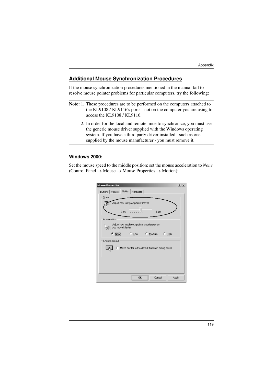 ATEN Technology KL9116, KL9108 user manual Additional Mouse Synchronization Procedures, Windows 