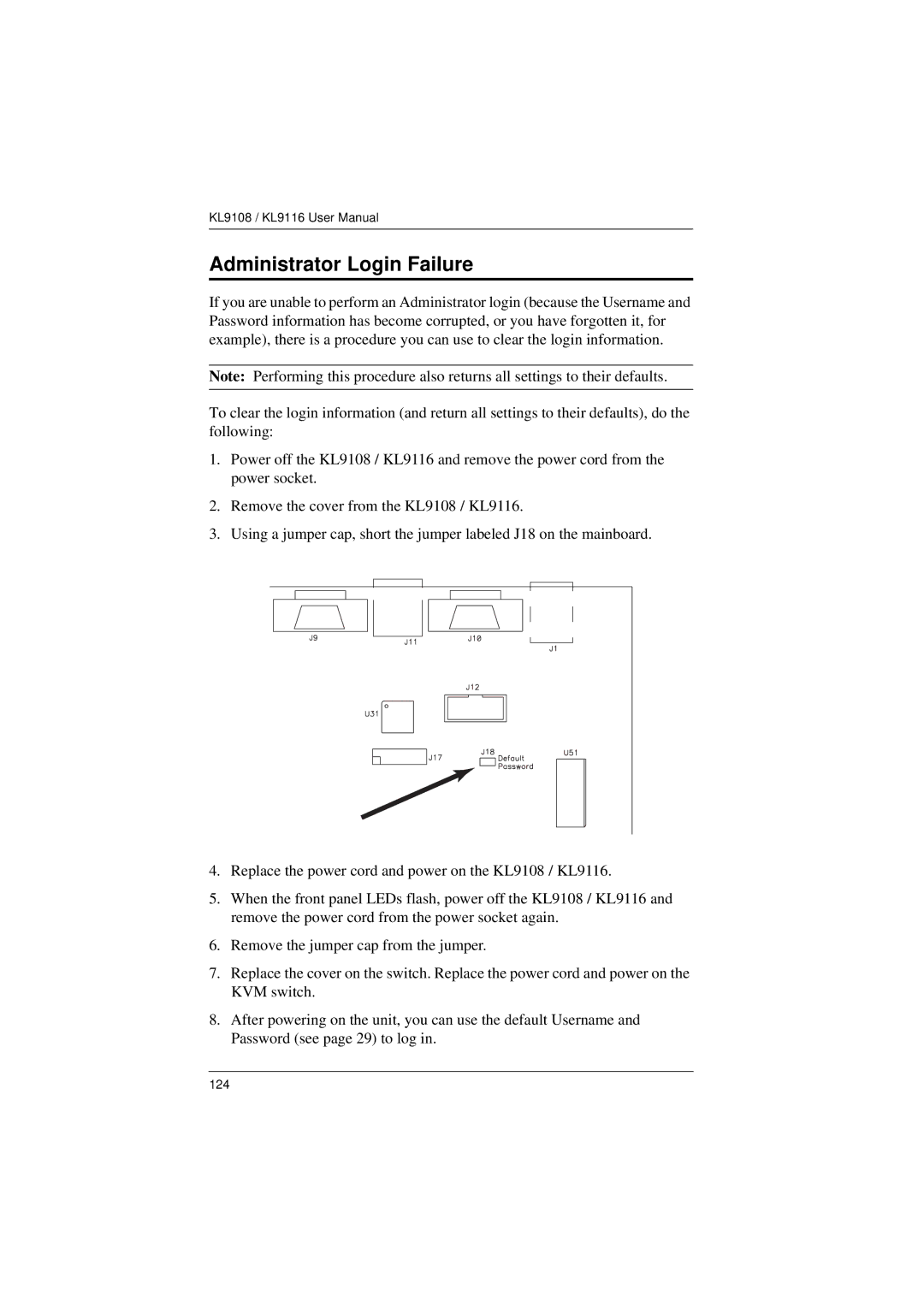 ATEN Technology KL9108, KL9116 user manual Administrator Login Failure 