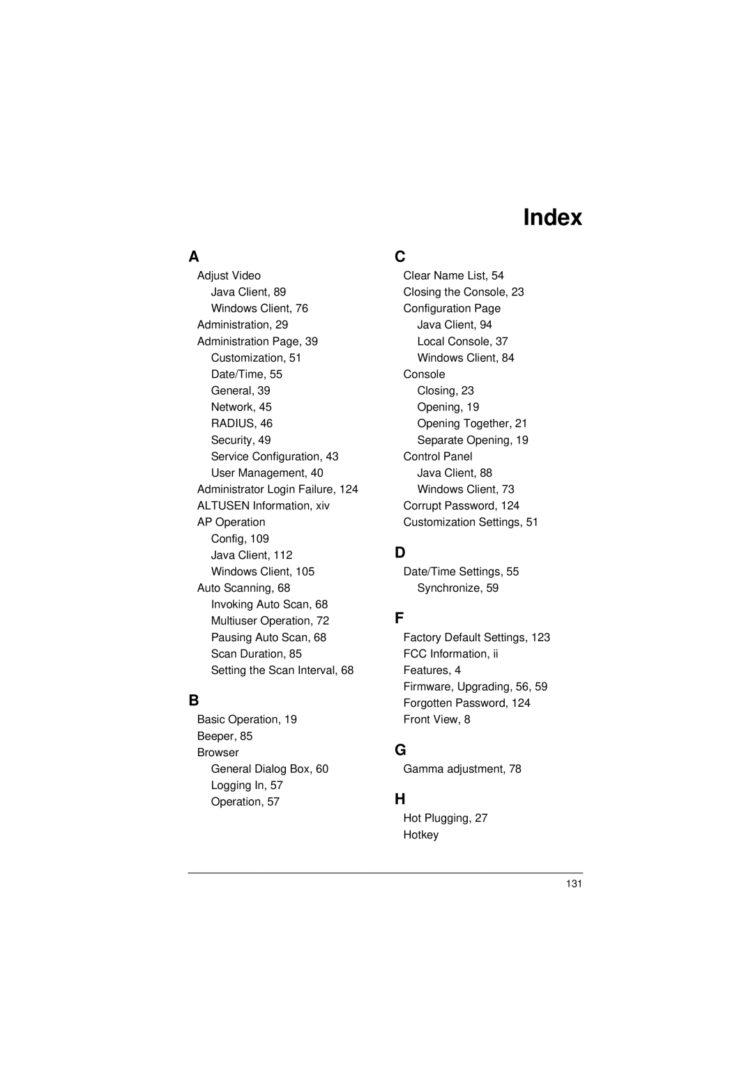 ATEN Technology KL9116, KL9108 user manual Index 