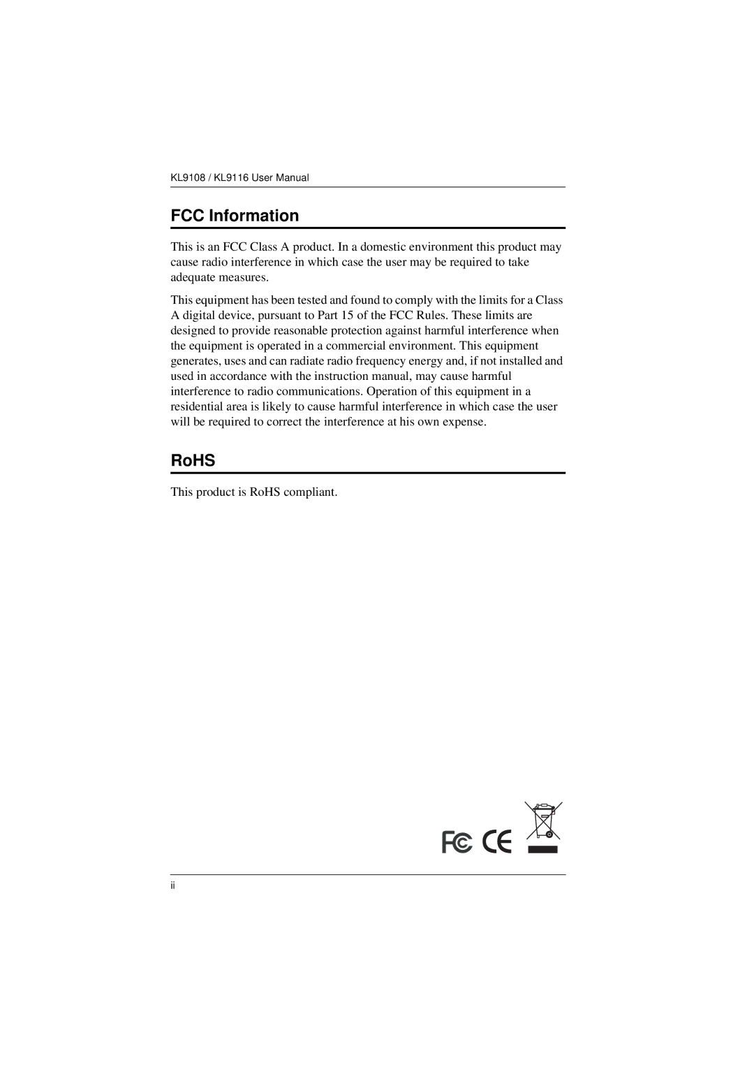 ATEN Technology KL9108, KL9116 user manual FCC Information, RoHS 