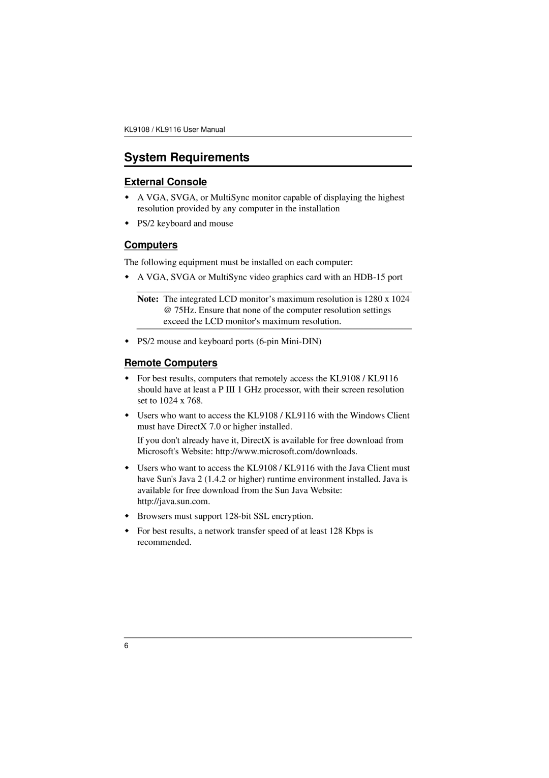 ATEN Technology KL9108, KL9116 user manual System Requirements, External Console, Remote Computers 