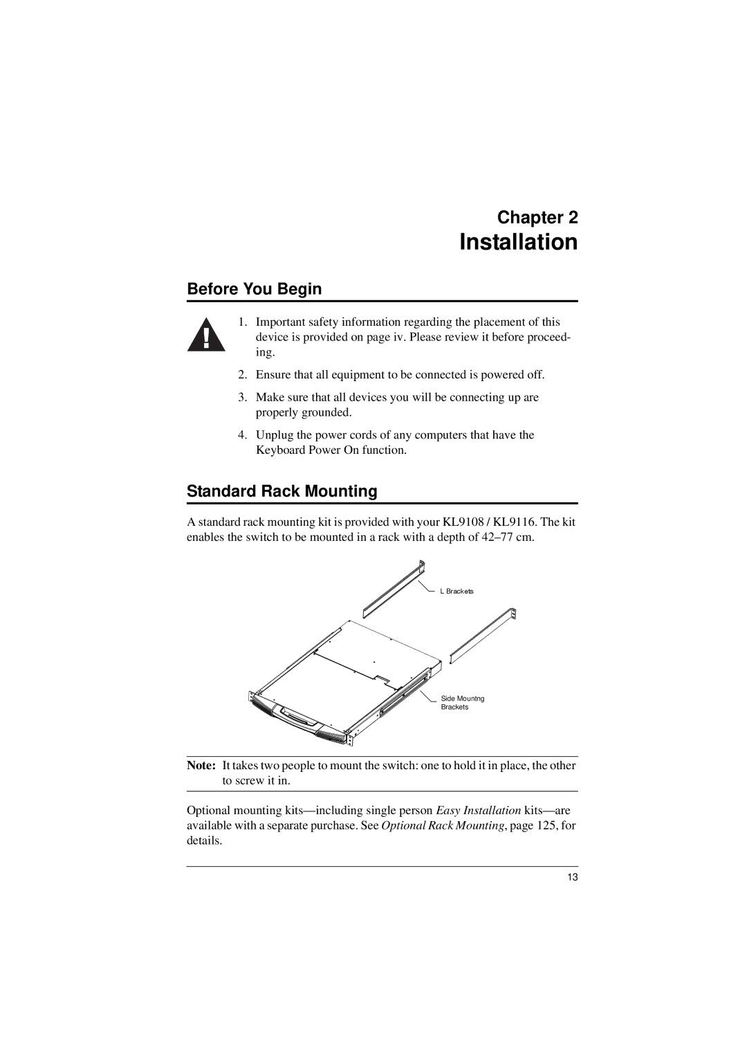 ATEN Technology KL9116, KL9108 user manual Before You Begin, Standard Rack Mounting 