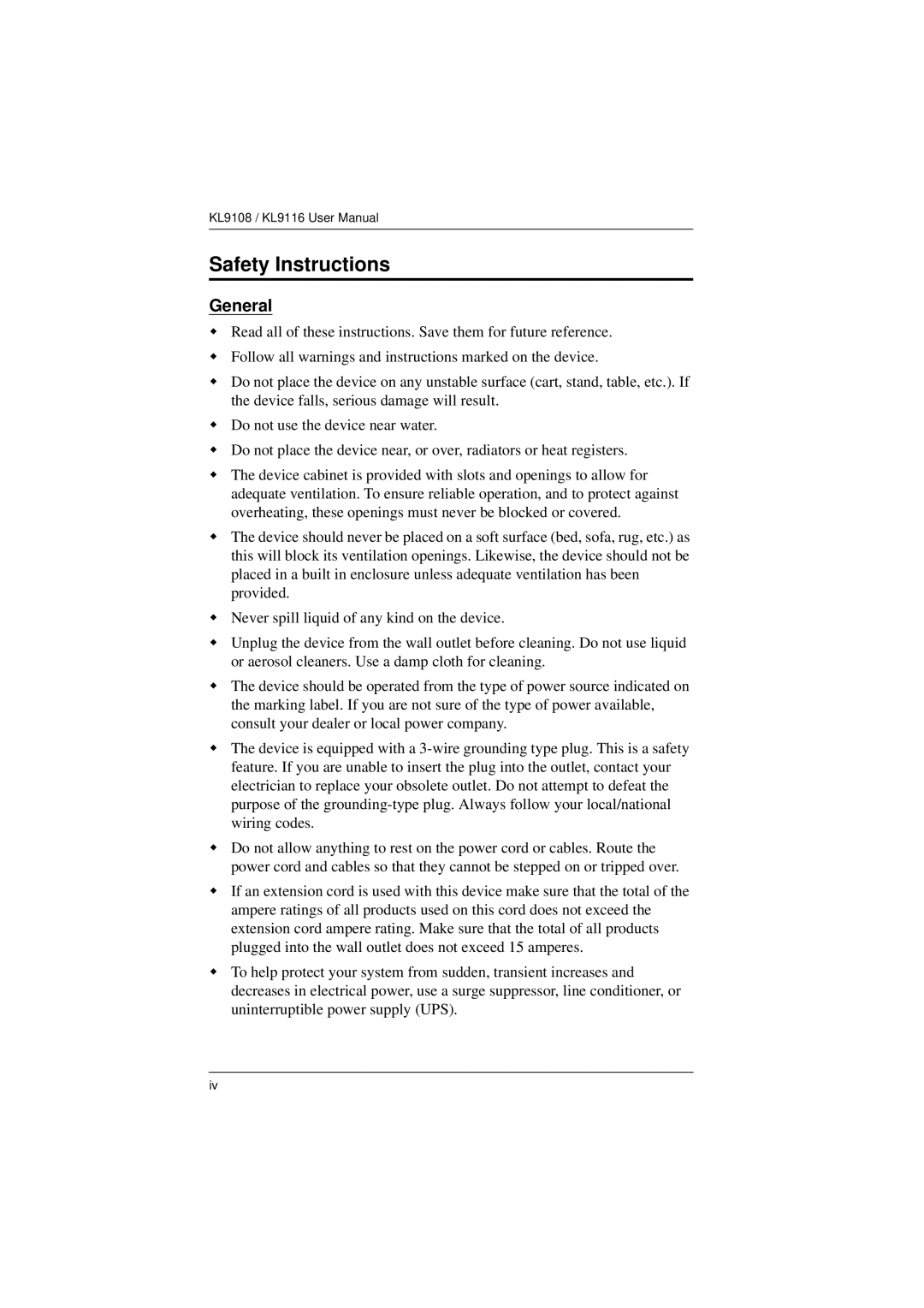 ATEN Technology KL9108, KL9116 user manual Safety Instructions, General 