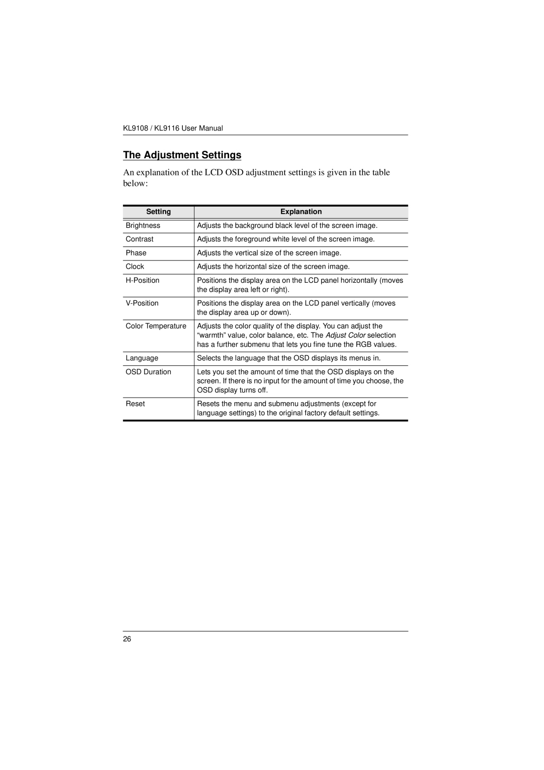 ATEN Technology KL9108, KL9116 user manual Adjustment Settings, Setting Explanation 