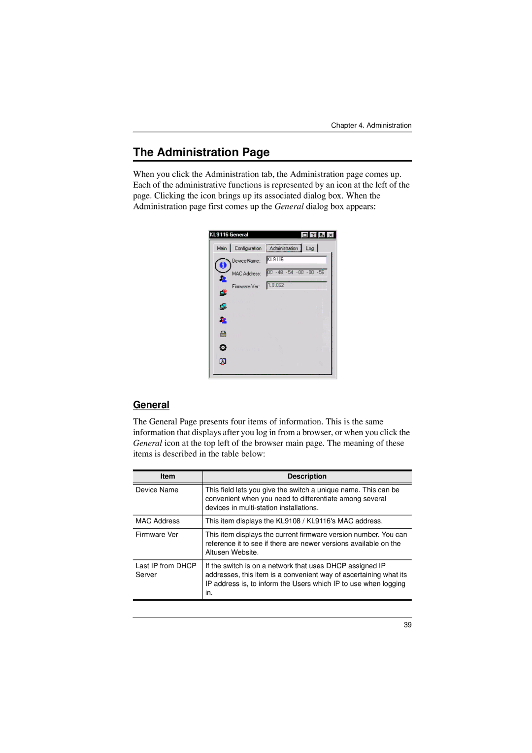 ATEN Technology KL9116, KL9108 user manual Administration, General 