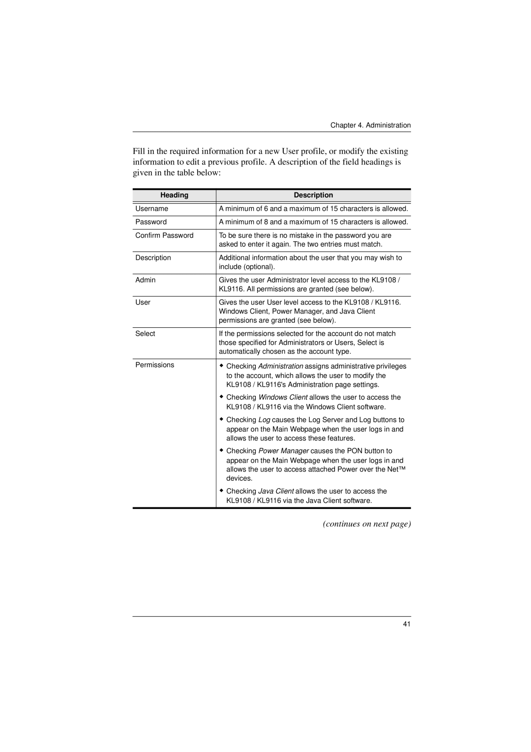 ATEN Technology KL9116, KL9108 user manual Continues on next, Heading Description 