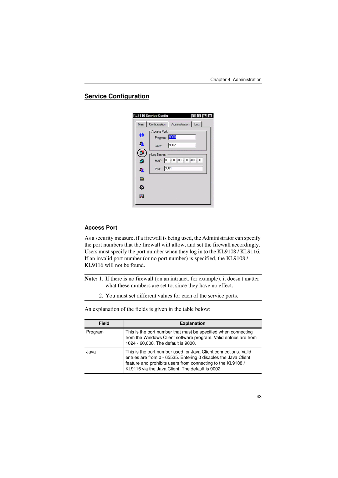 ATEN Technology KL9116, KL9108 user manual Service Configuration, Access Port, Field Explanation 