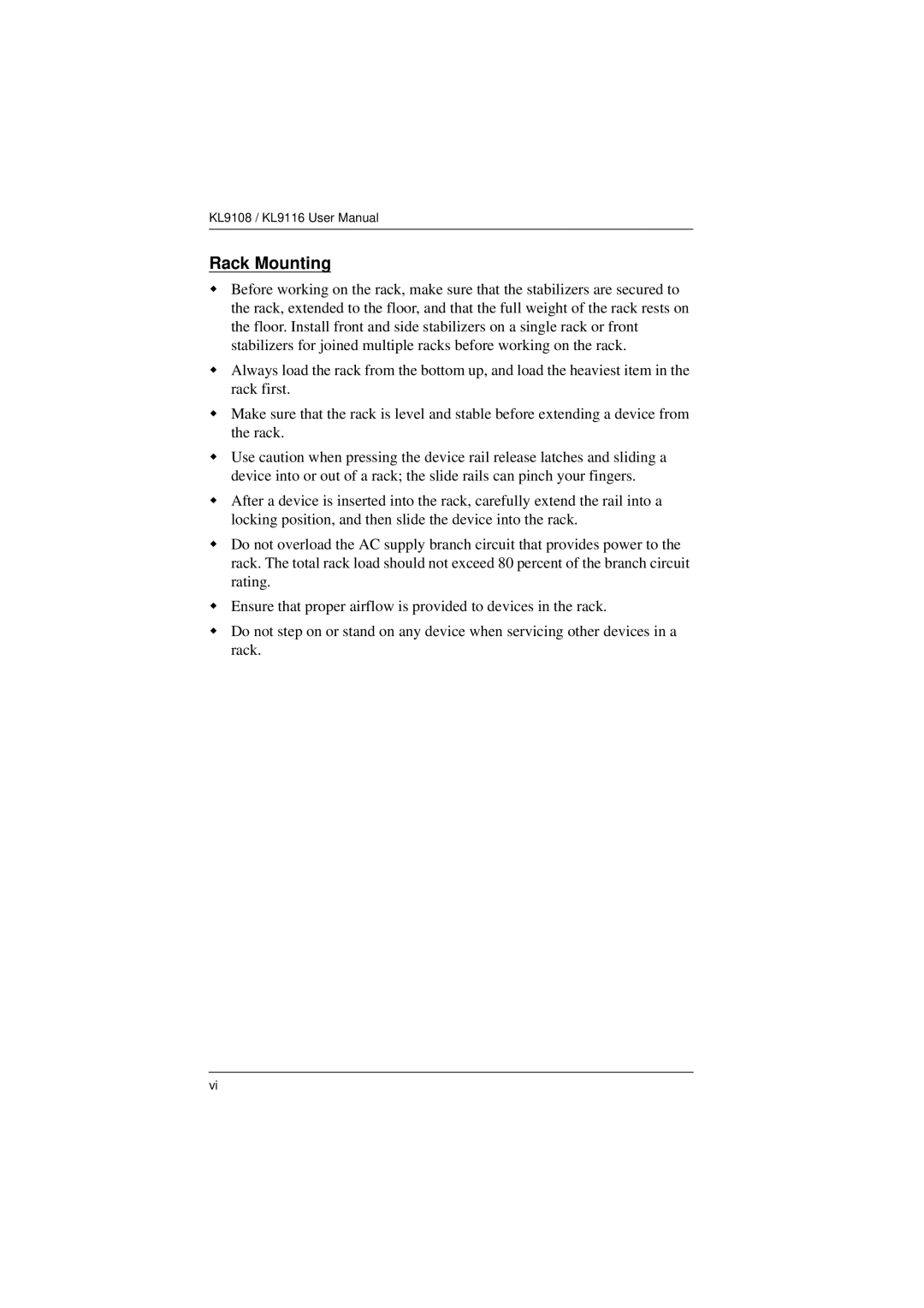 ATEN Technology KL9108, KL9116 user manual Rack Mounting 