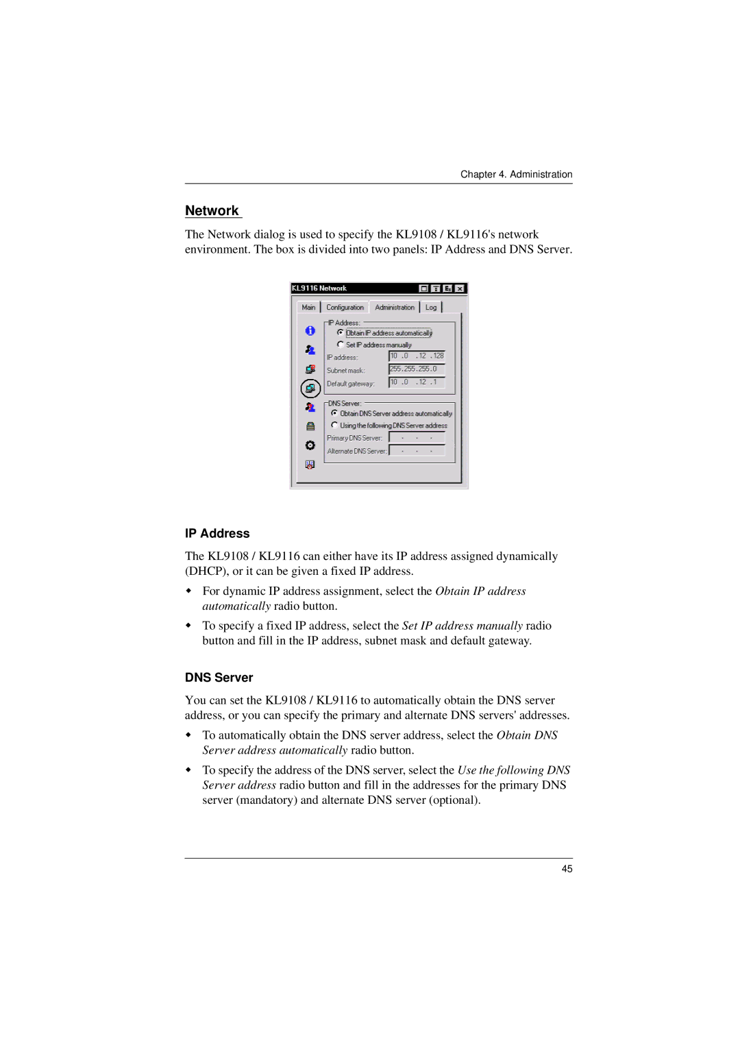 ATEN Technology KL9116, KL9108 user manual Network, IP Address, DNS Server 