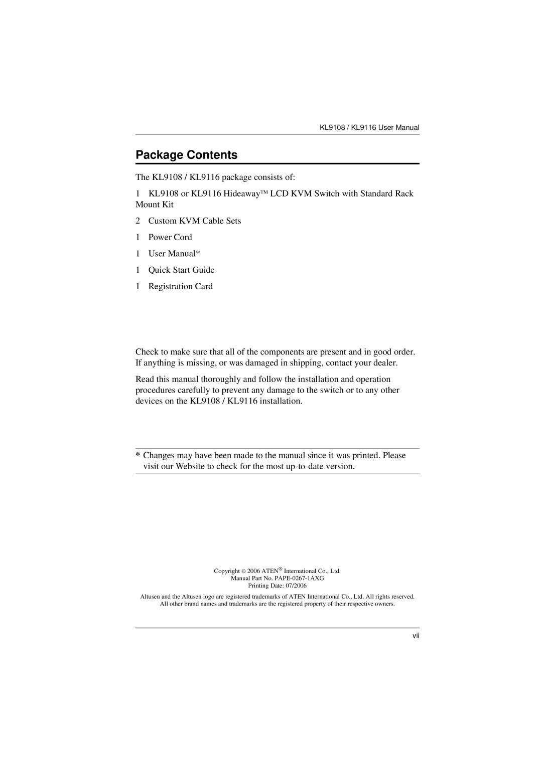 ATEN Technology KL9116, KL9108 user manual Package Contents 