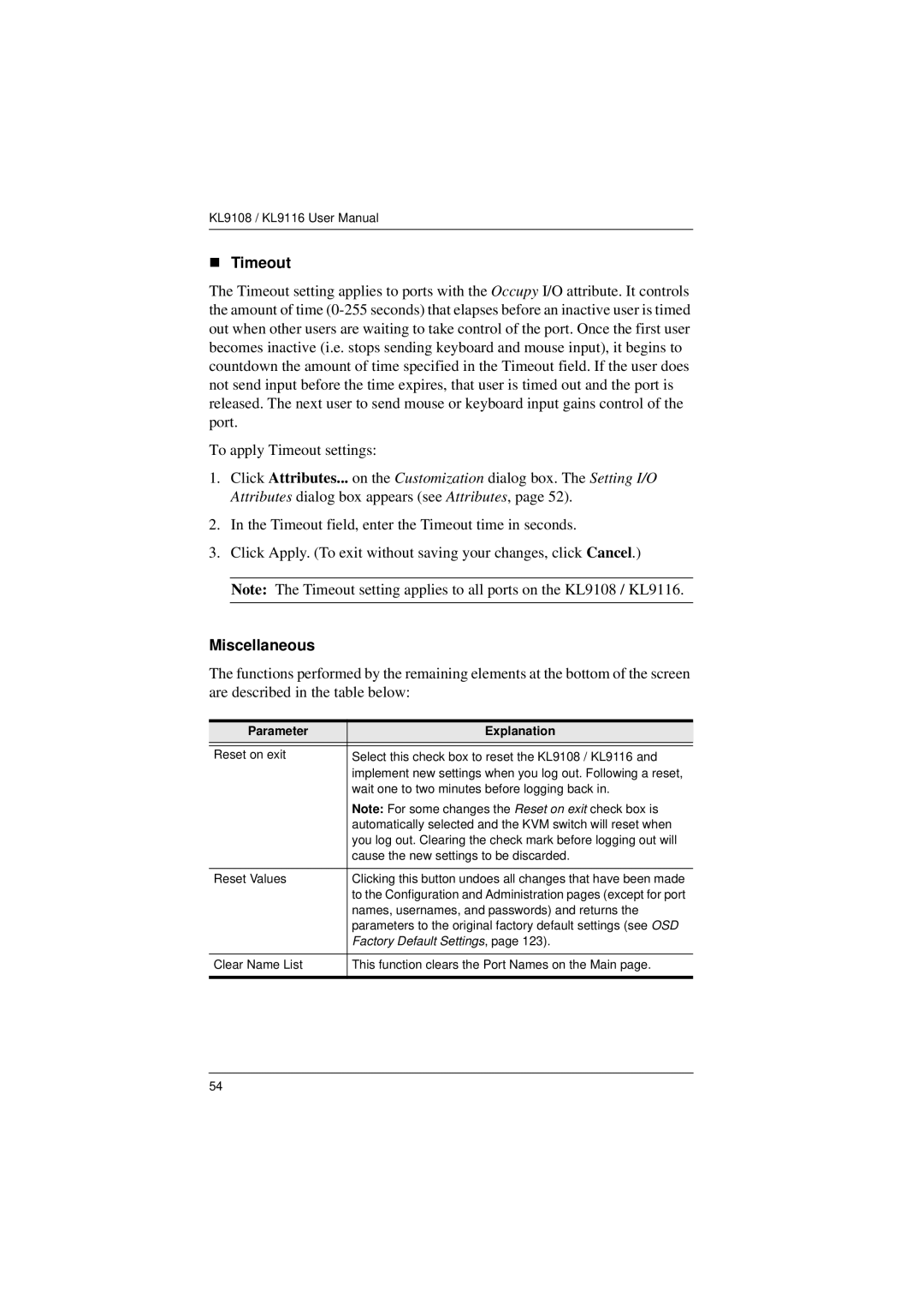 ATEN Technology KL9108, KL9116 user manual „ Timeout, Miscellaneous, Parameter Explanation 