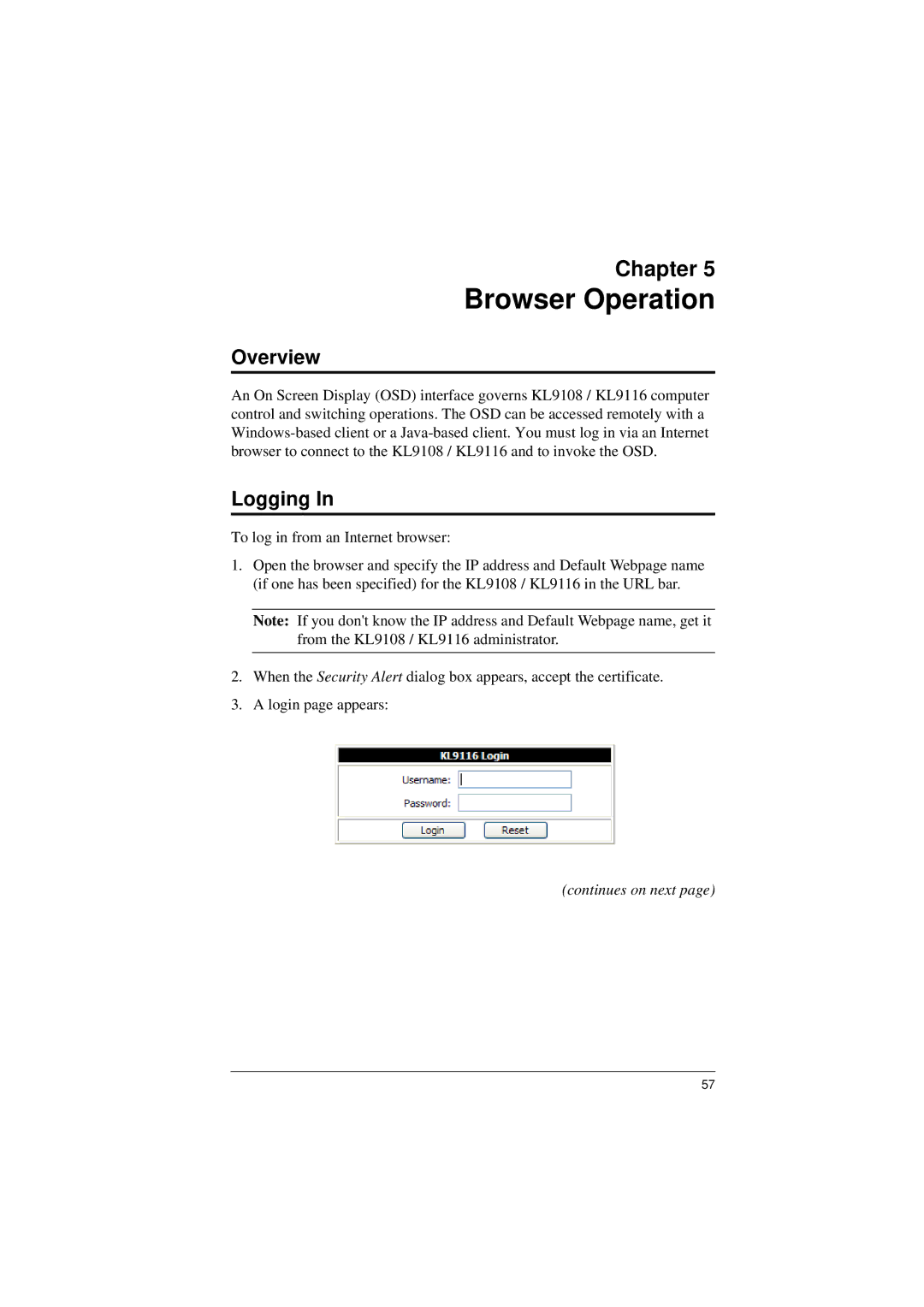 ATEN Technology KL9116, KL9108 user manual Browser Operation, Logging 