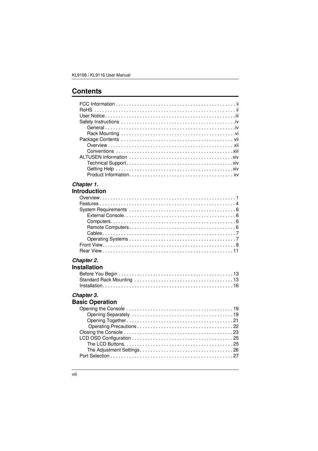 ATEN Technology KL9108, KL9116 user manual Contents 