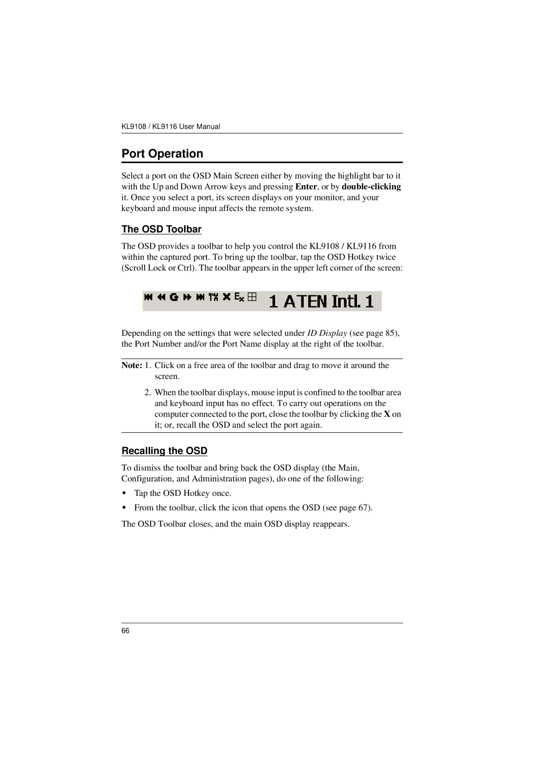 ATEN Technology KL9108, KL9116 user manual OSD Toolbar, Recalling the OSD 