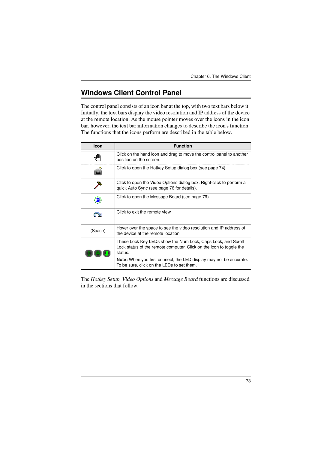 ATEN Technology KL9116, KL9108 user manual Windows Client Control Panel, Icon Function 