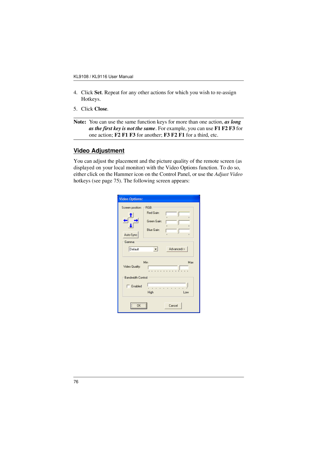 ATEN Technology KL9108, KL9116 user manual Video Adjustment 