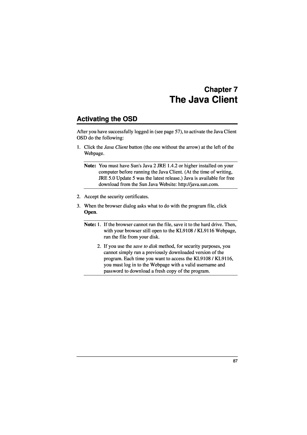 ATEN Technology KL9116, KL9108 user manual The Java Client, Chapter, Activating the OSD 