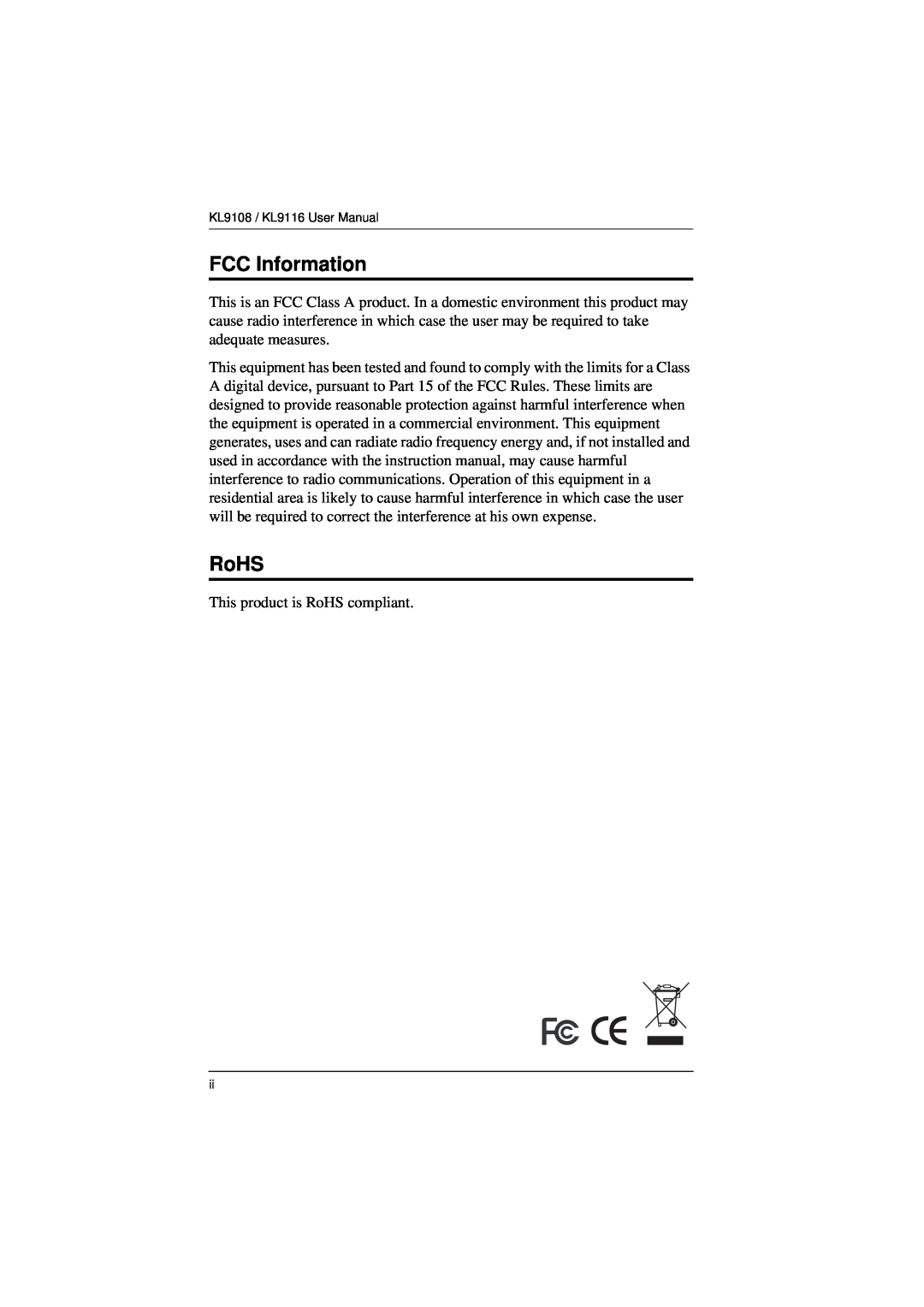 ATEN Technology KL9108, KL9116 user manual FCC Information, RoHS 