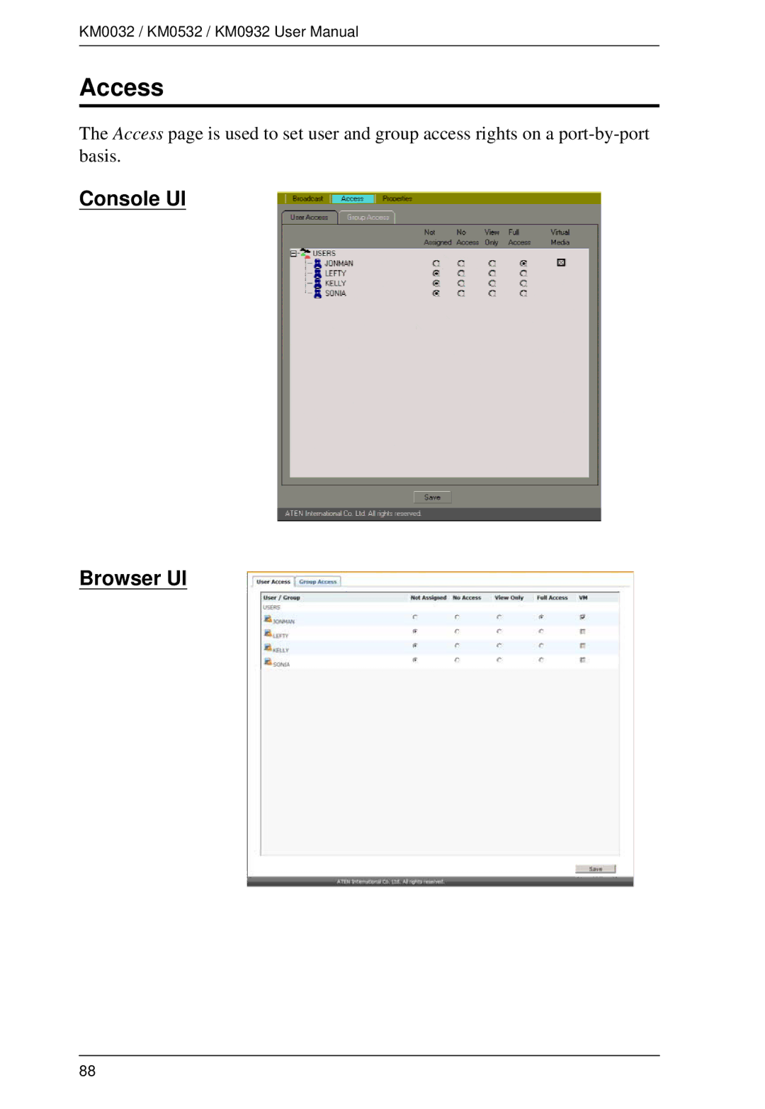 ATEN Technology KM0032, KM0532, KM0932 user manual Access, Console UI Browser UI 