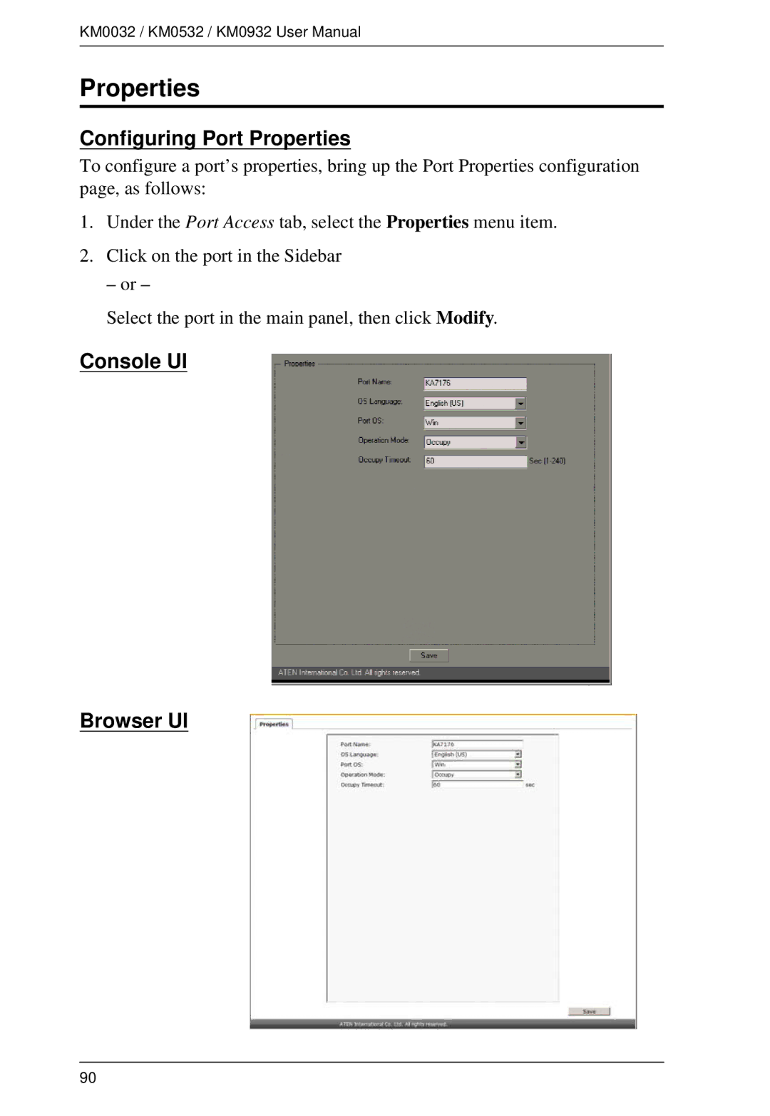 ATEN Technology KM0532, KM0032, KM0932 user manual Configuring Port Properties 