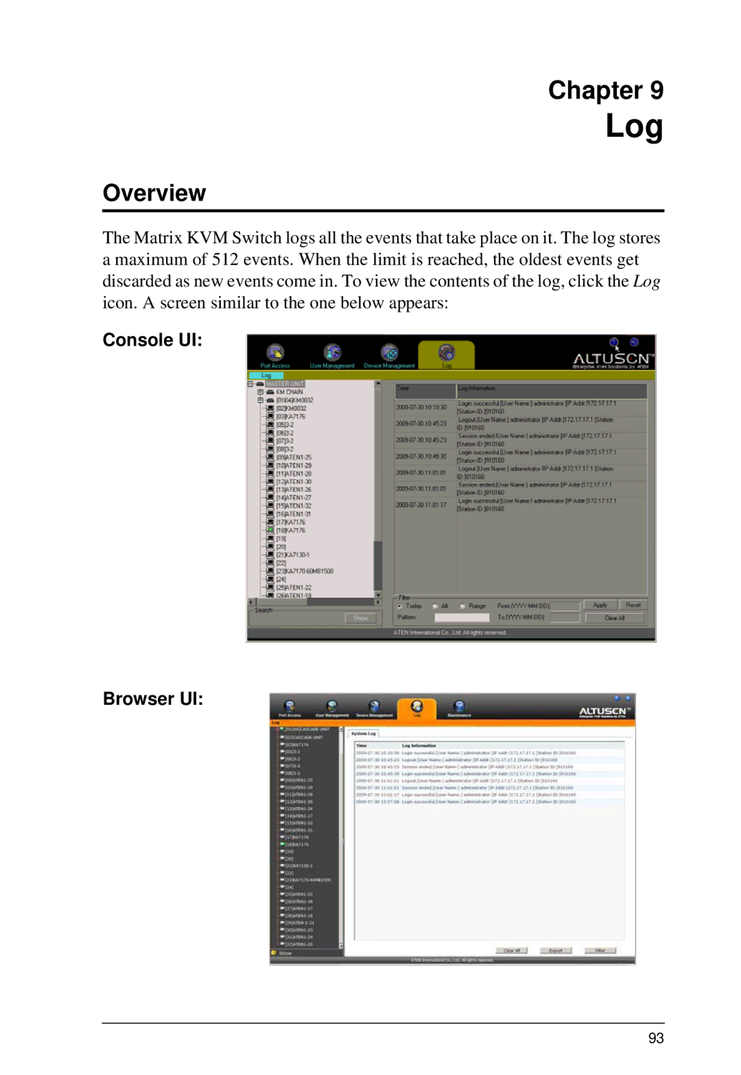 ATEN Technology KM0532, KM0032, KM0932 user manual Log, Overview 