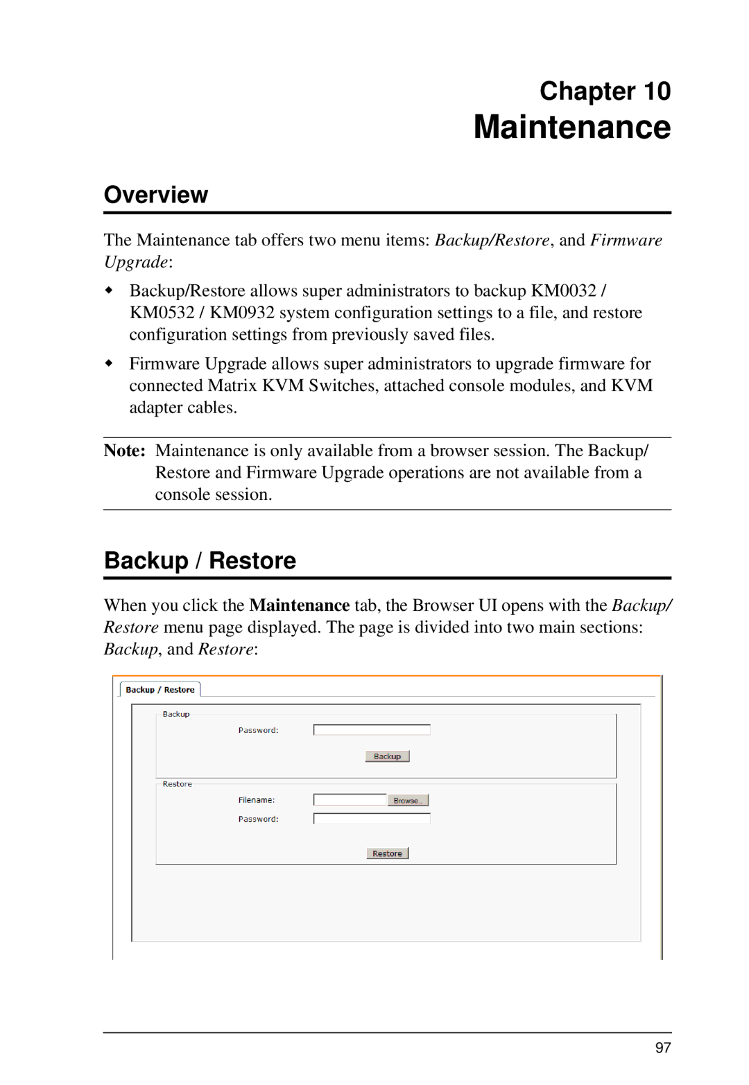 ATEN Technology KM0032, KM0532, KM0932 user manual Maintenance, Backup / Restore 