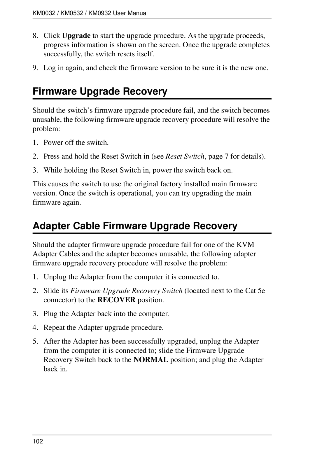 ATEN Technology KM0532, KM0032, KM0932 user manual Adapter Cable Firmware Upgrade Recovery 