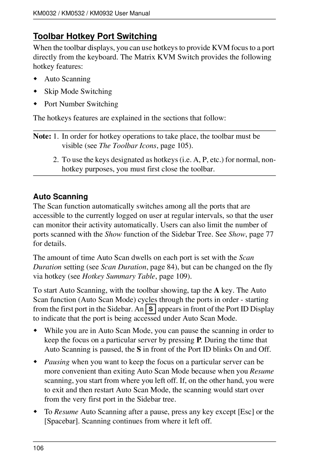 ATEN Technology KM0032, KM0532, KM0932 user manual Toolbar Hotkey Port Switching, Auto Scanning 