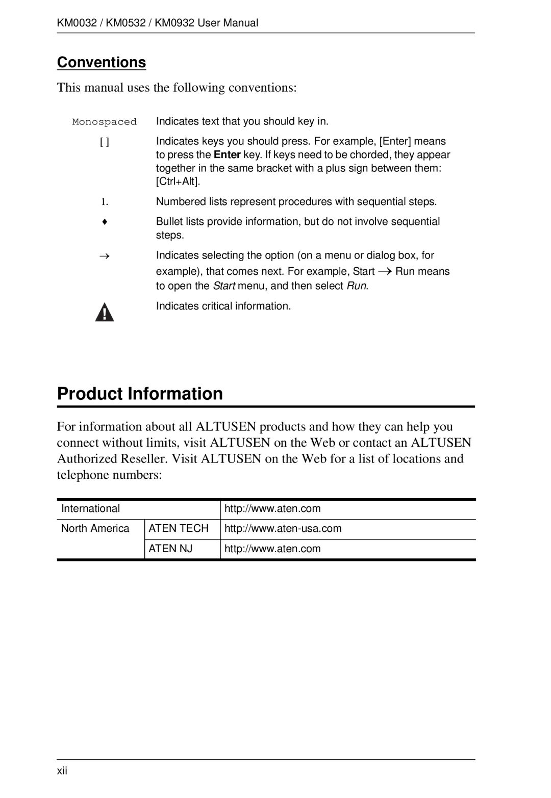 ATEN Technology KM0532, KM0032, KM0932 user manual Product Information, Conventions 