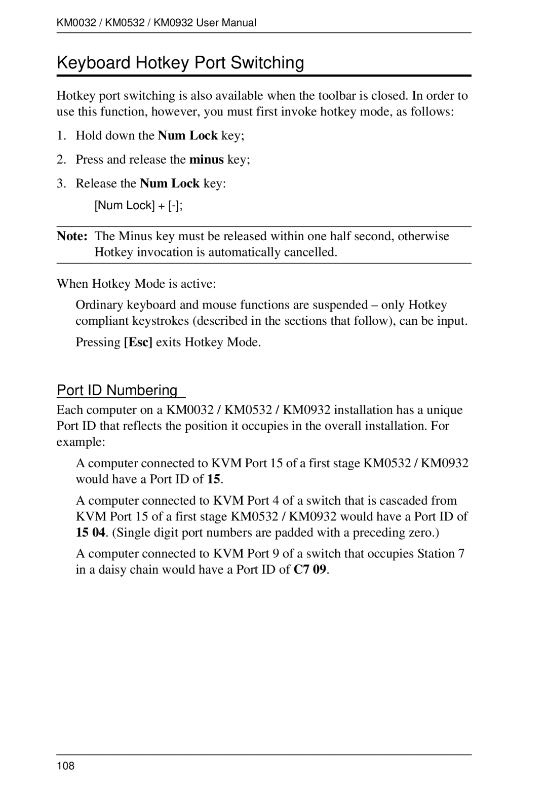 ATEN Technology KM0532, KM0032, KM0932 user manual Keyboard Hotkey Port Switching, Port ID Numbering 