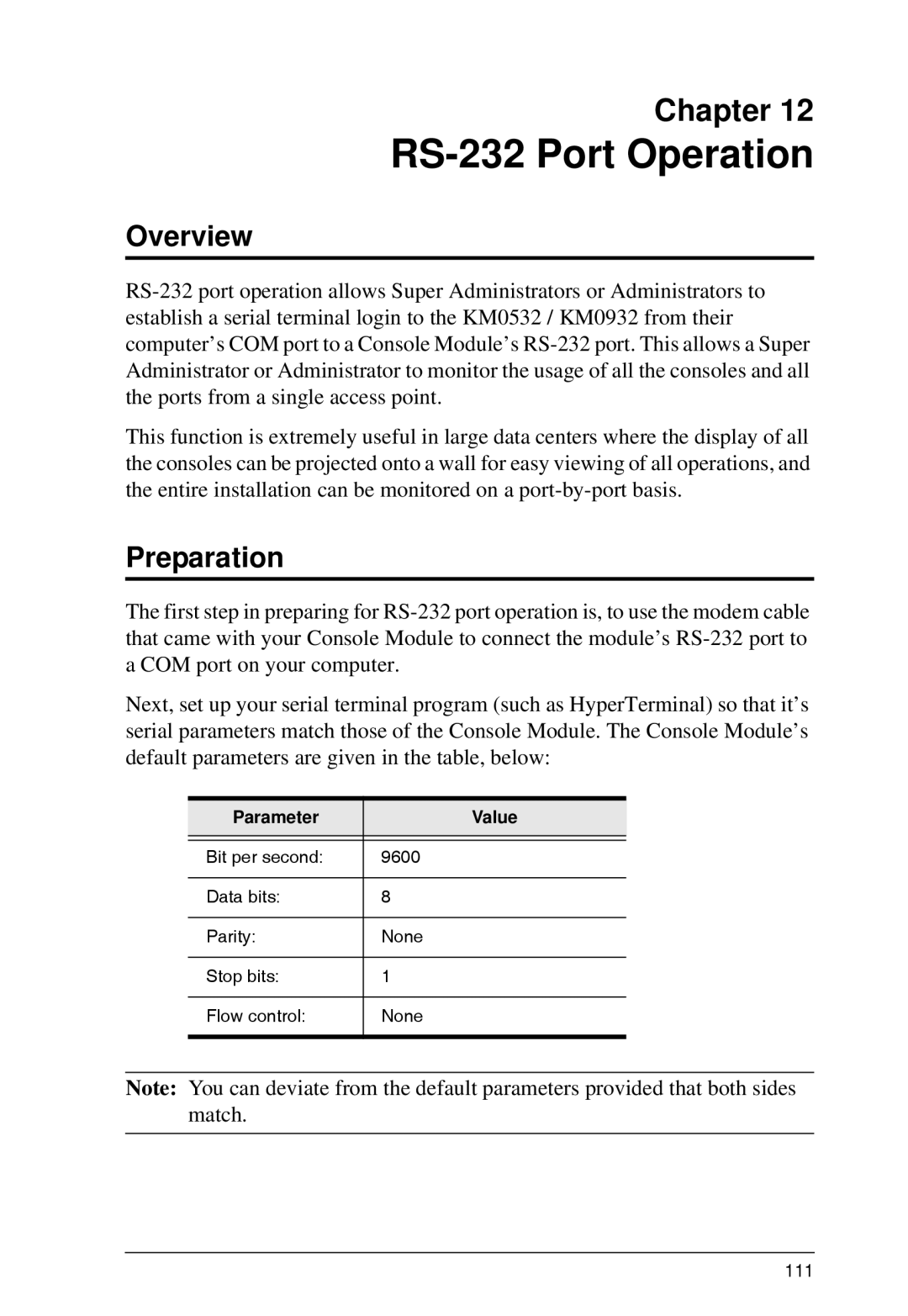 ATEN Technology KM0532, KM0032, KM0932 user manual RS-232 Port Operation, Preparation, Parameter Value 