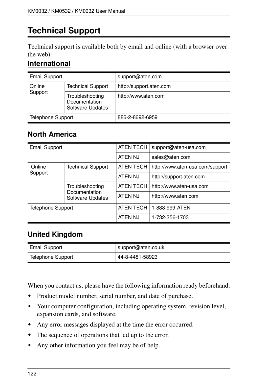 ATEN Technology KM0932, KM0532, KM0032 user manual Technical Support, International, North America, United Kingdom 