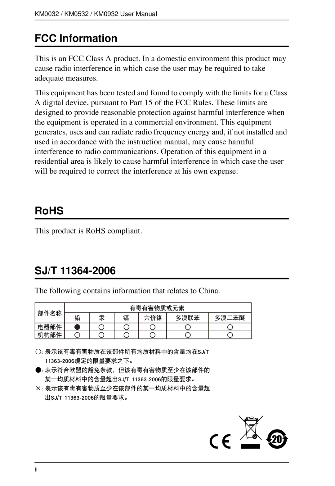 ATEN Technology KM0932, KM0532, KM0032 user manual FCC Information, RoHS, Sj/T 