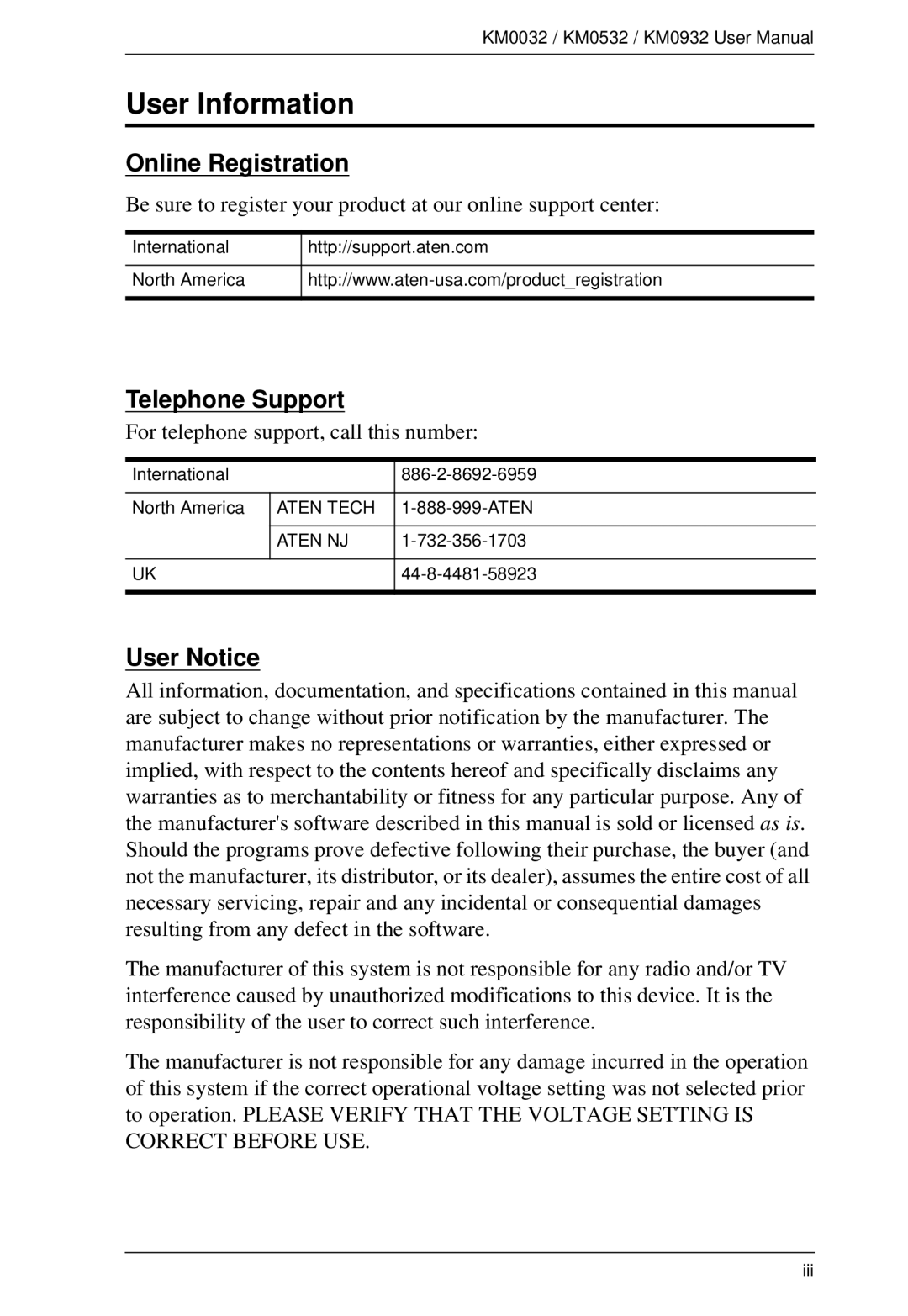 ATEN Technology KM0532, KM0032, KM0932 user manual User Information, Online Registration, Telephone Support, User Notice 