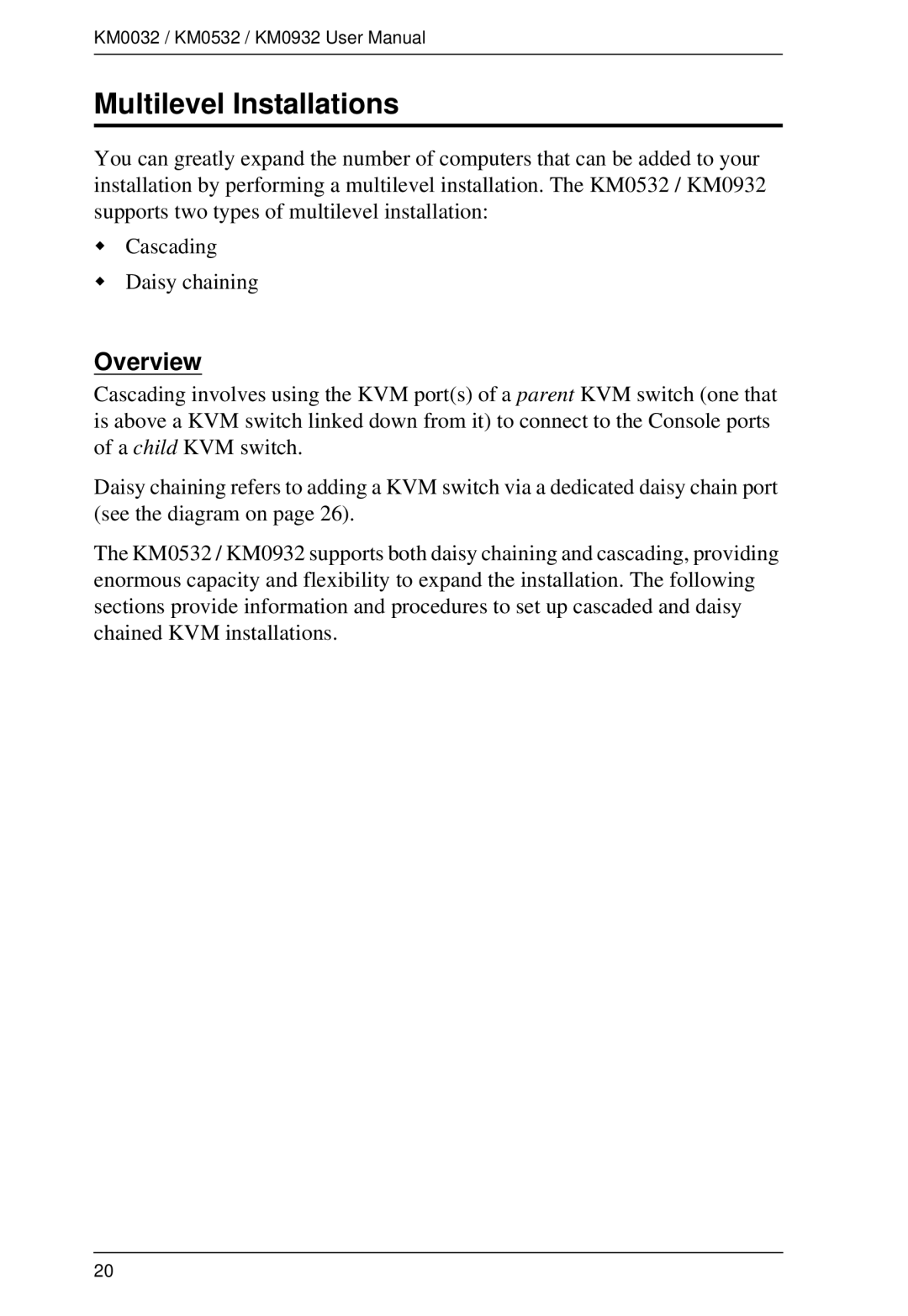 ATEN Technology KM0932, KM0532, KM0032 user manual Multilevel Installations, Overview 