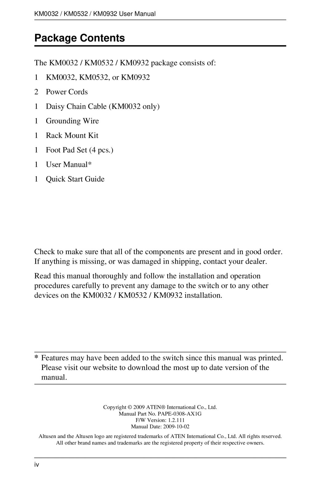 ATEN Technology KM0032, KM0532, KM0932 user manual Package Contents 