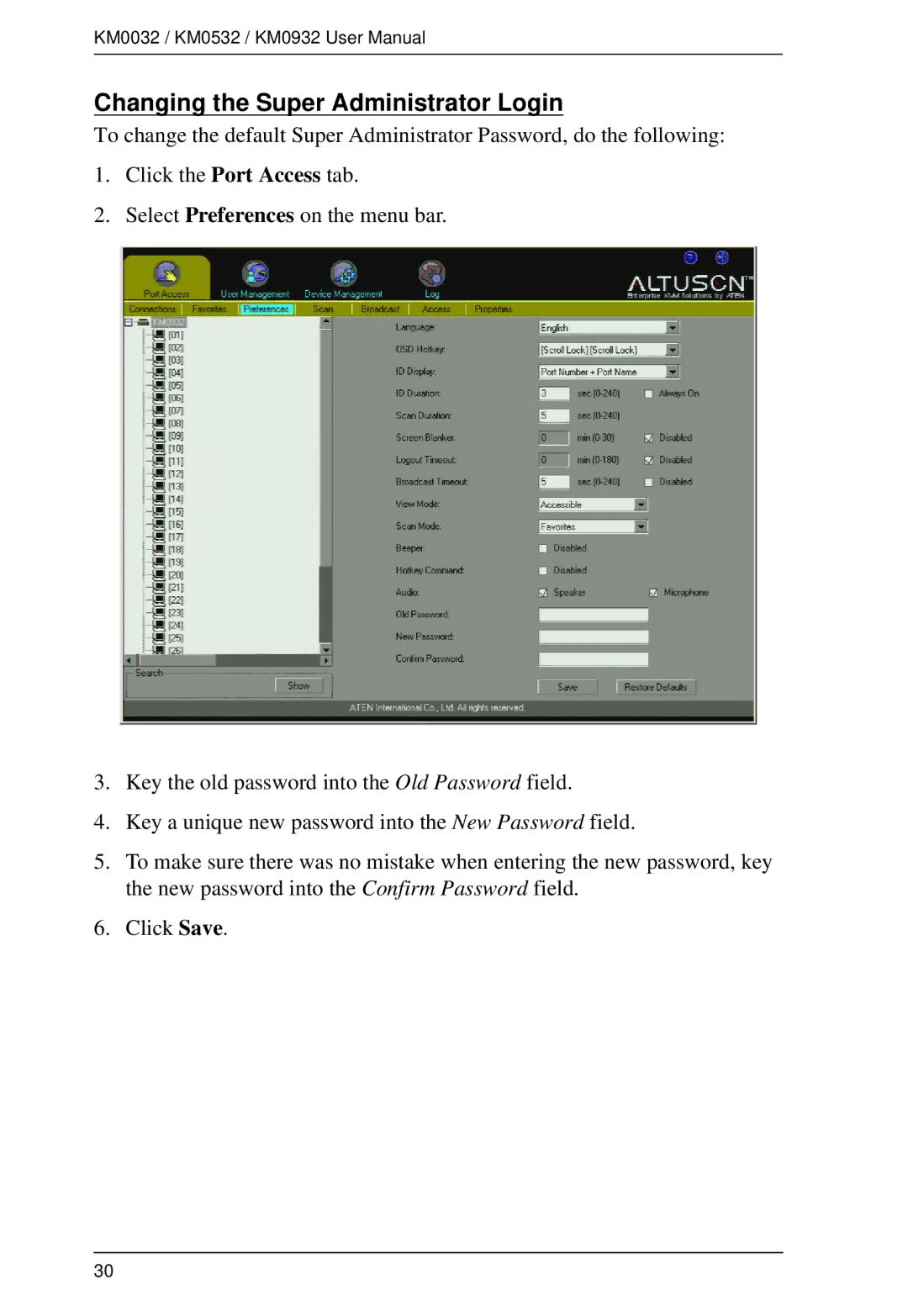 ATEN Technology KM0532, KM0032, KM0932 user manual Changing the Super Administrator Login 