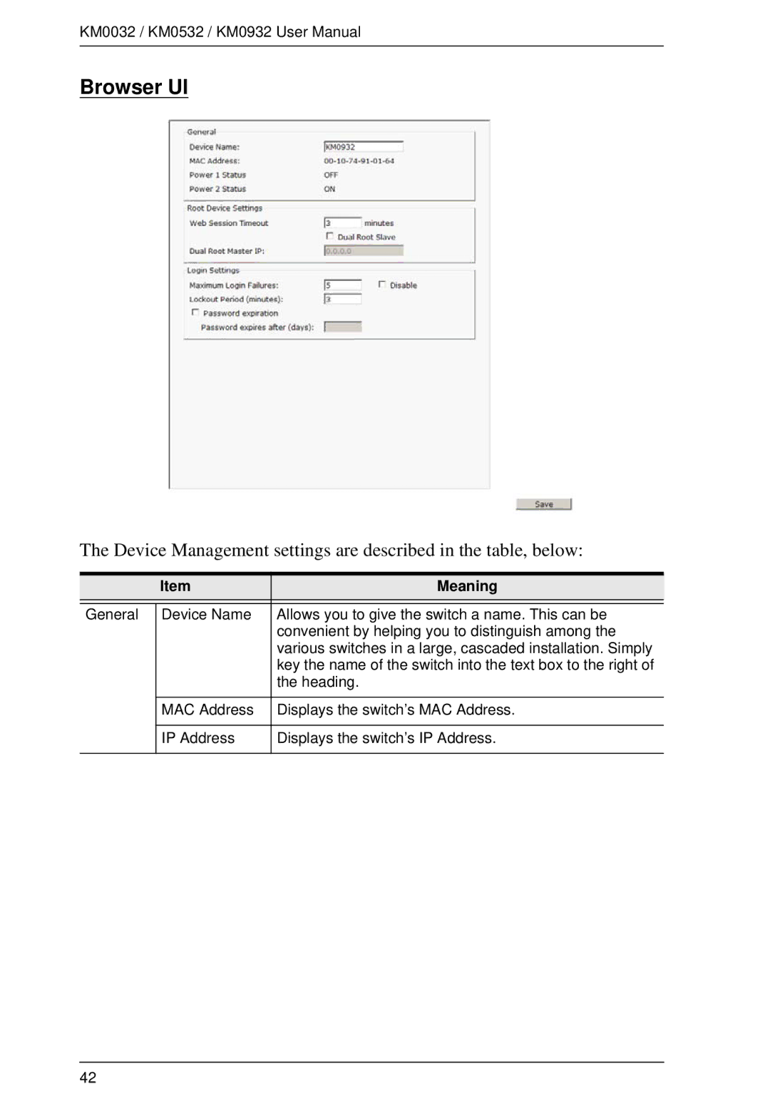 ATEN Technology KM0532, KM0032, KM0932 user manual Browser UI, Meaning 