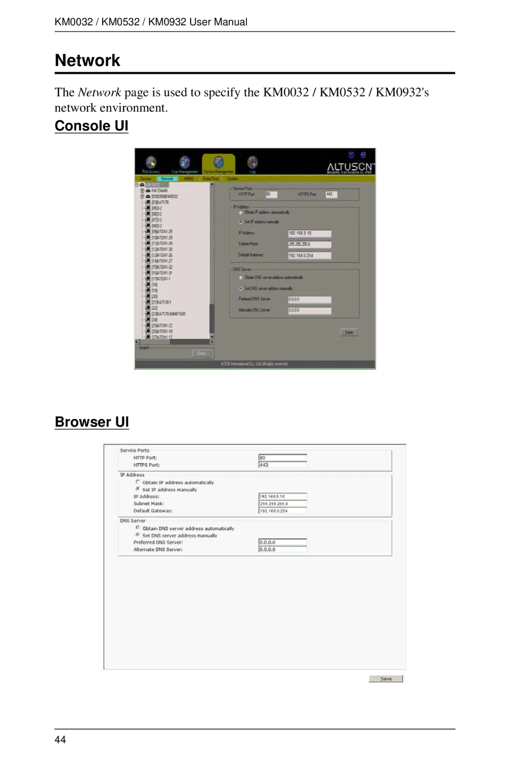 ATEN Technology KM0932, KM0532, KM0032 user manual Network, Console UI Browser UI 