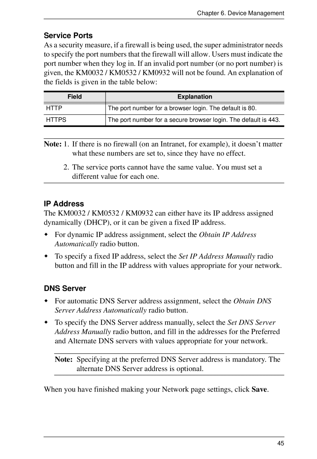 ATEN Technology KM0532, KM0032, KM0932 user manual Service Ports, IP Address, DNS Server, Field Explanation 