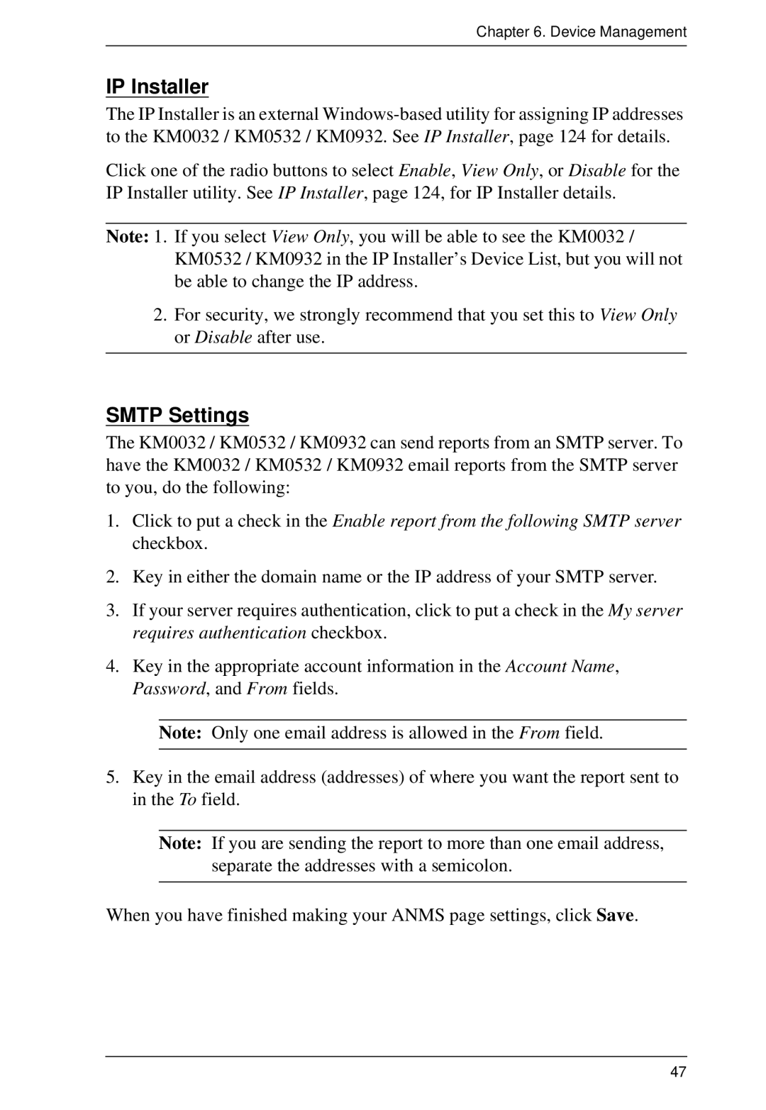 ATEN Technology KM0932, KM0532, KM0032 user manual IP Installer, Smtp Settings 