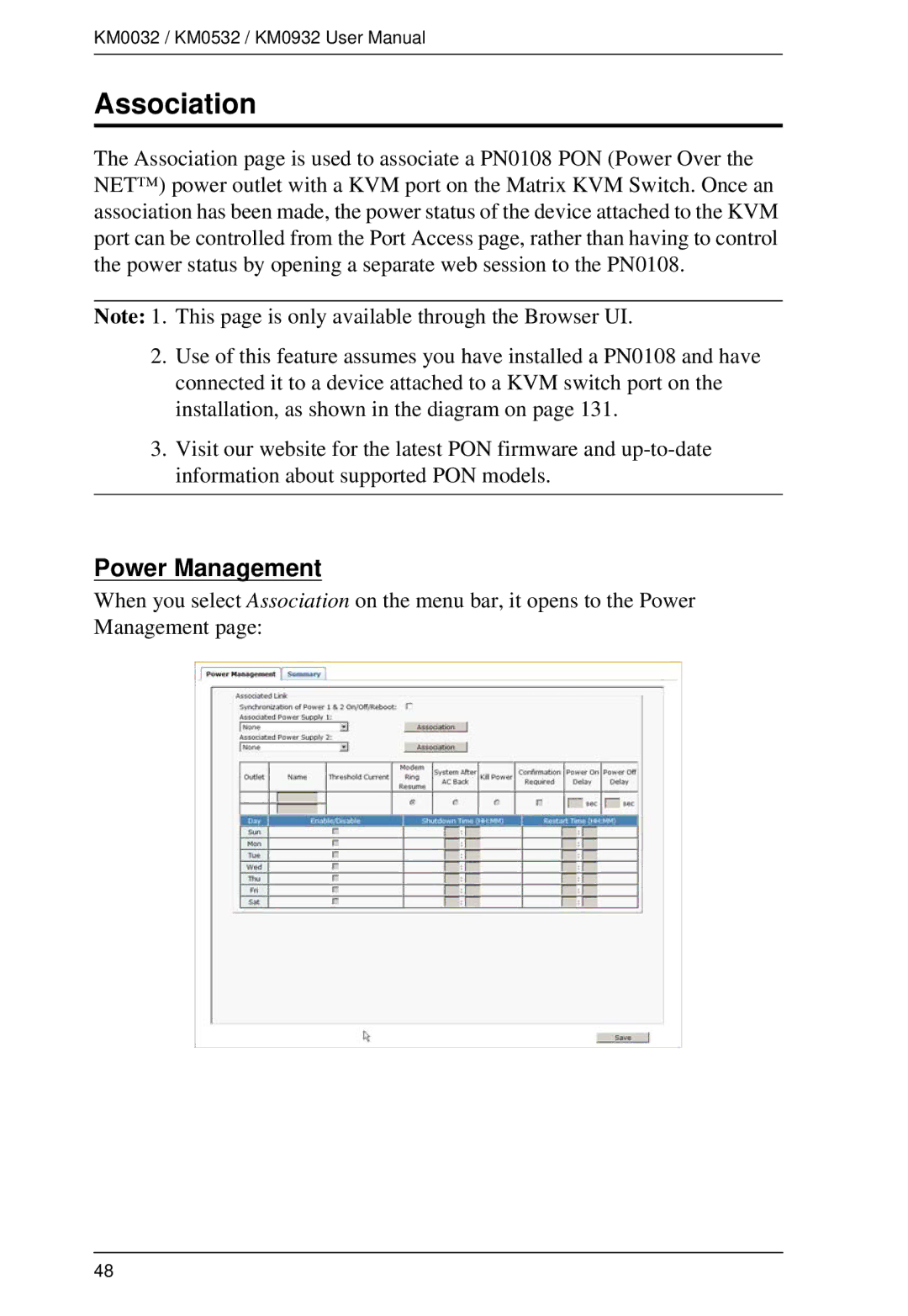 ATEN Technology KM0532, KM0032, KM0932 user manual Association, Power Management 