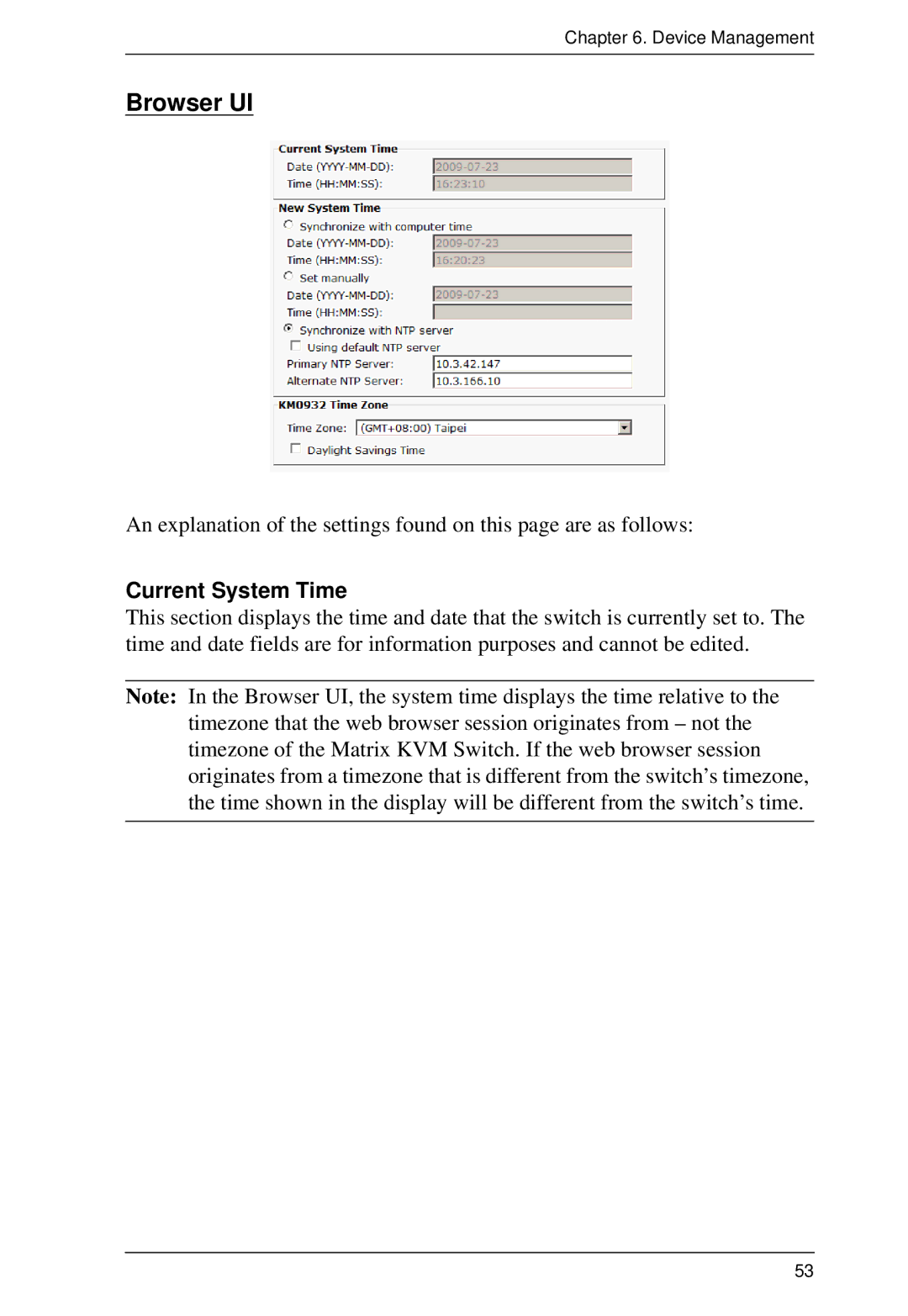 ATEN Technology KM0932, KM0532, KM0032 user manual Browser UI, Current System Time 