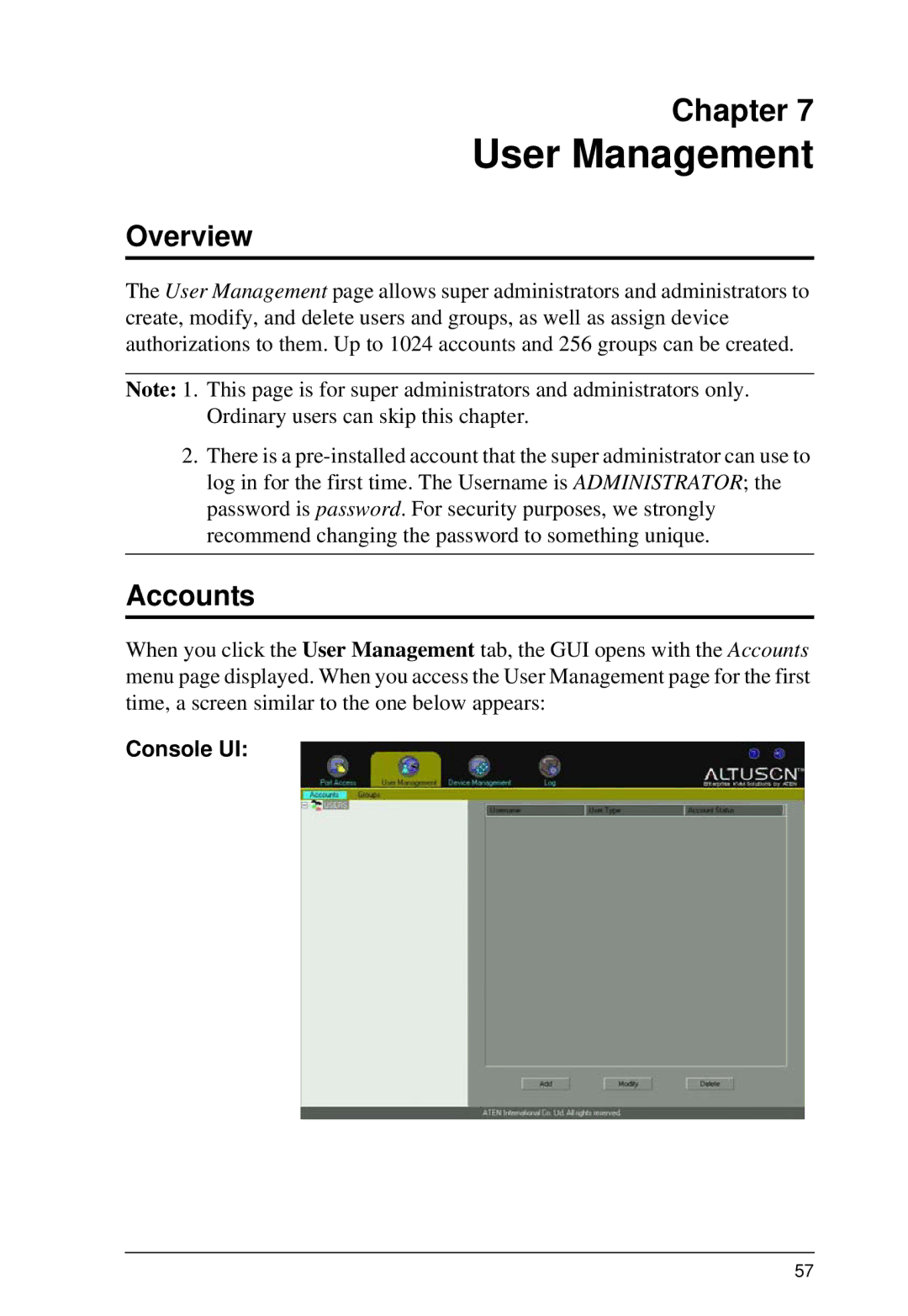 ATEN Technology KM0532, KM0032, KM0932 user manual User Management, Accounts, Console UI 