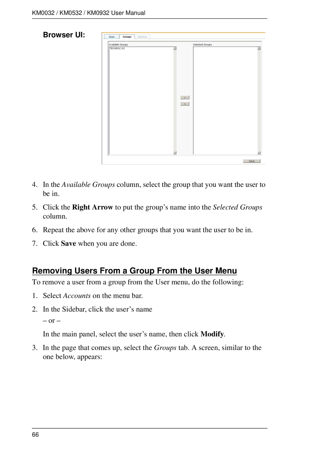 ATEN Technology KM0532, KM0032, KM0932 user manual Removing Users From a Group From the User Menu, Browser UI 