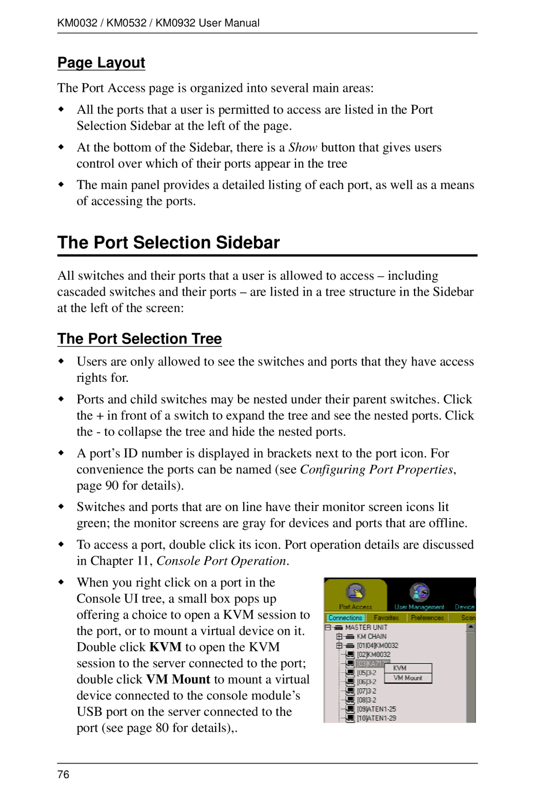 ATEN Technology KM0032, KM0532, KM0932 user manual Port Selection Sidebar, Layout, Port Selection Tree 