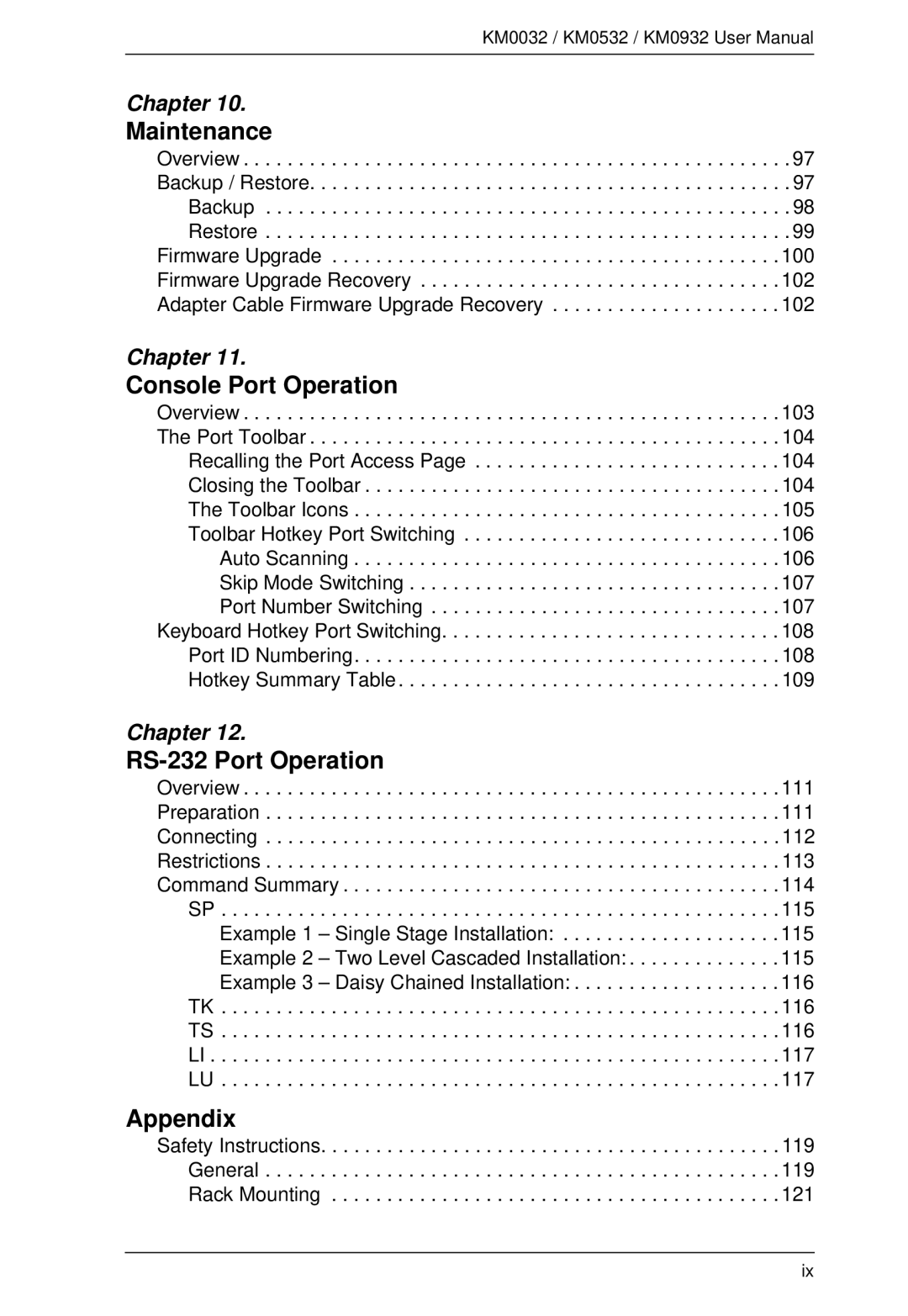 ATEN Technology KM0532, KM0032, KM0932 user manual Maintenance, Console Port Operation, RS-232 Port Operation, Appendix 